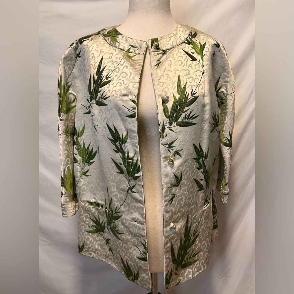 Saks Fifth Avenue Cream Silk Jacket with Green Leaf Print